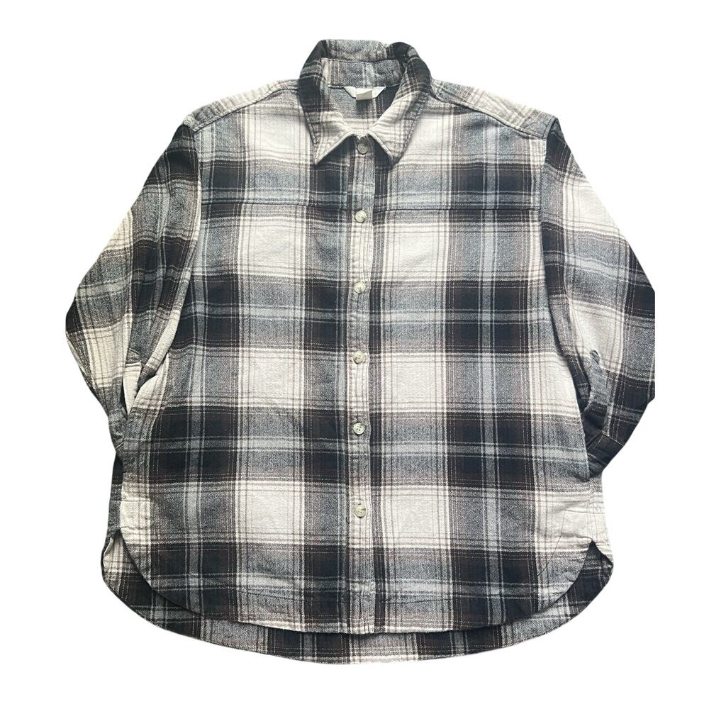 H&M Plaid Flannel Shirt Men Medium Gray Black Button Up Long Sleeve Casual US M